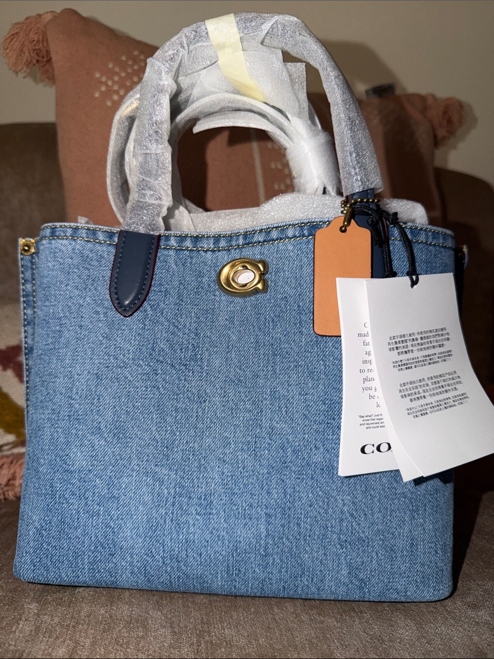 Coach Light Blue Denim Tote with Navy Trim and Tan Tag